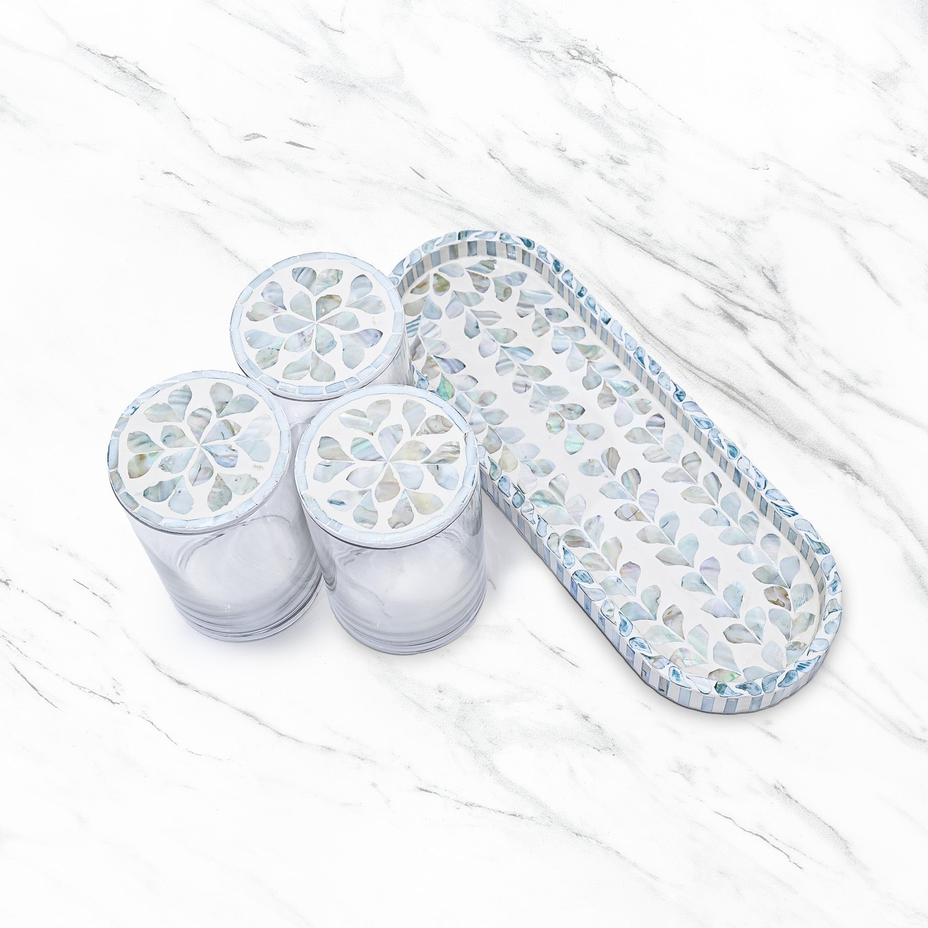 Pearl Stone Canister Set with Floral Mosaic Design